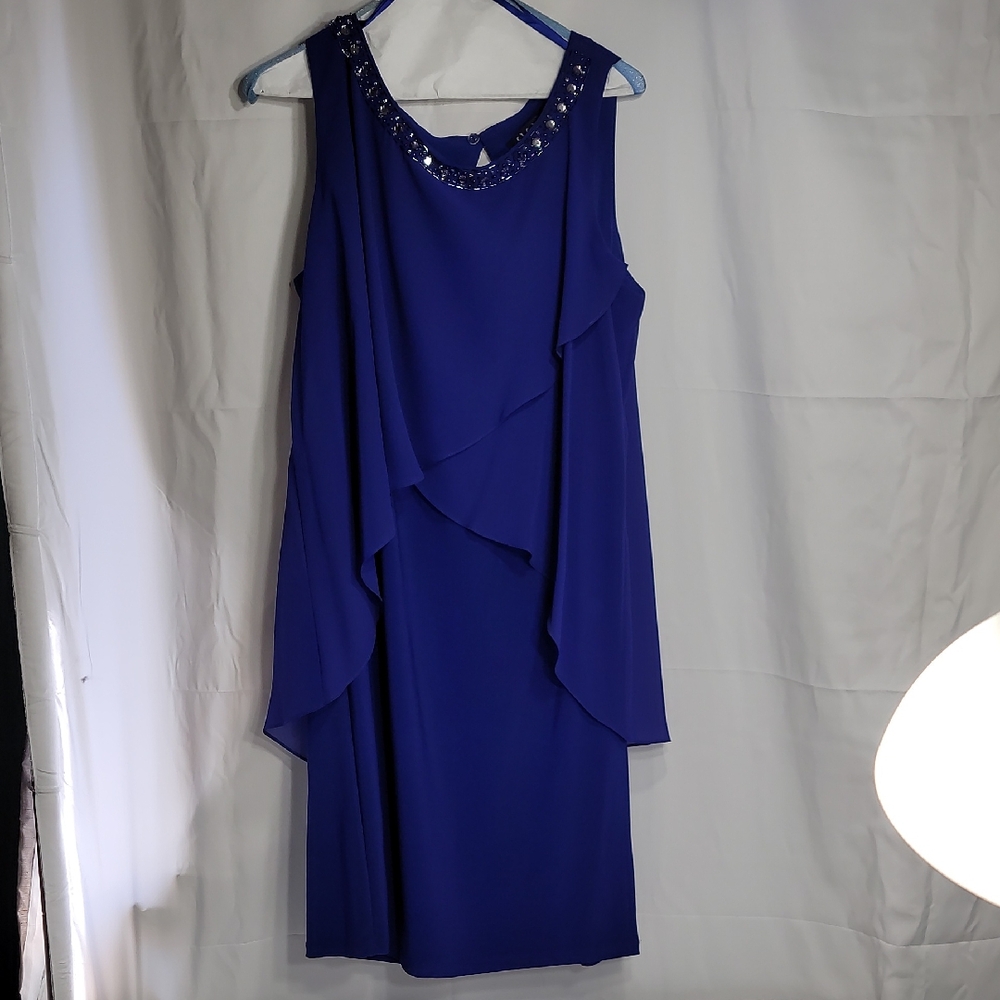 S.L. Fashions Blue Asymmetrical Sheath Cocktail Dress